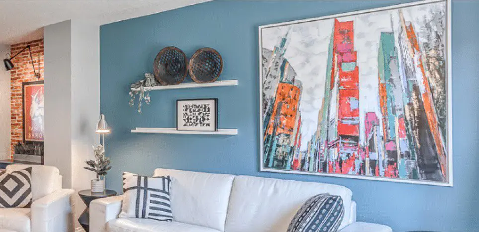 Living room with bright baby blue wall