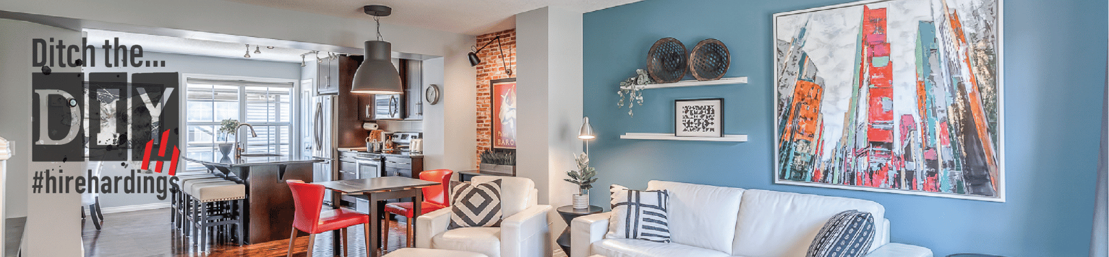 Living room and kitchen with modern paint scheme