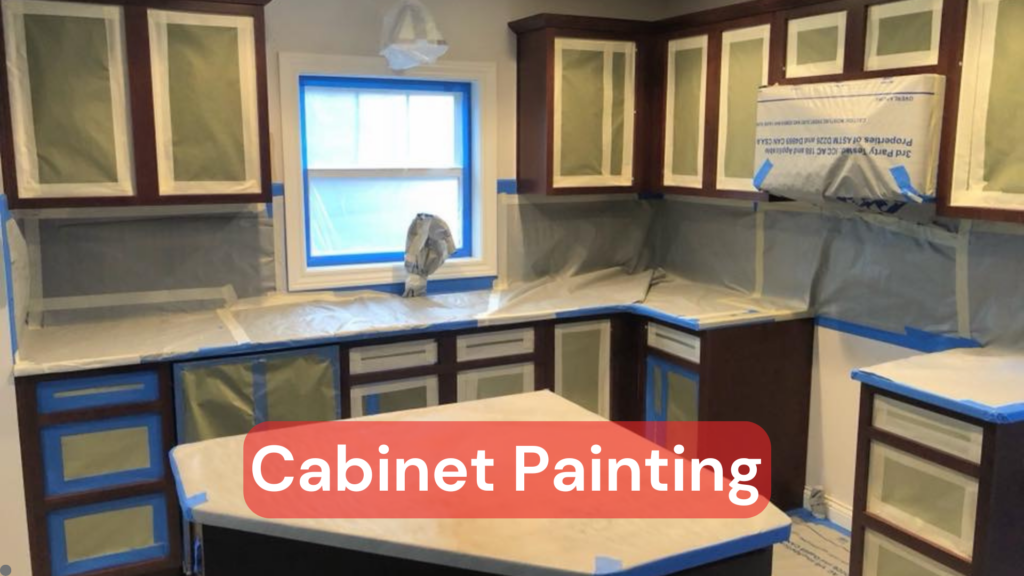 Kitchen cabinets that are taped off and ready to be painted