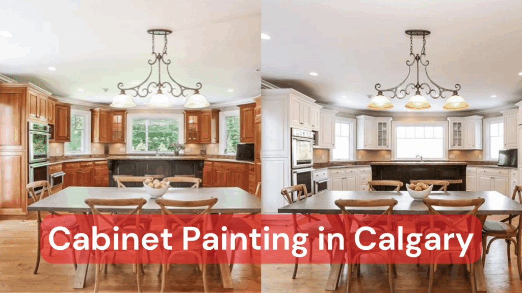 A before and after comparison of cabinet painting in Calgary