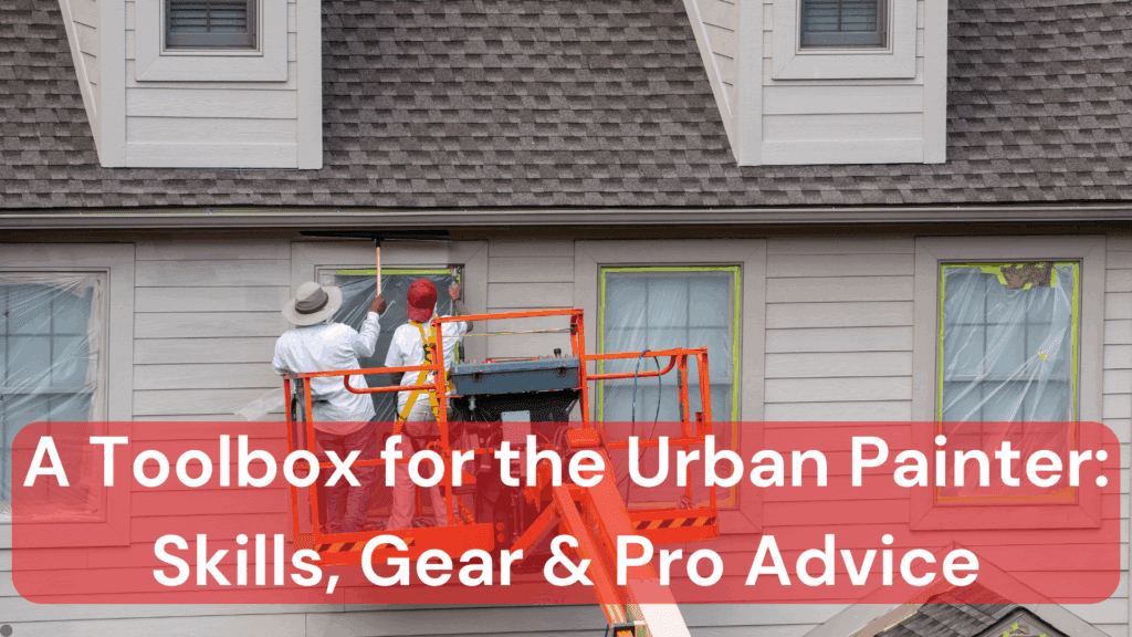 An urban painter at work painting a house on a lift.