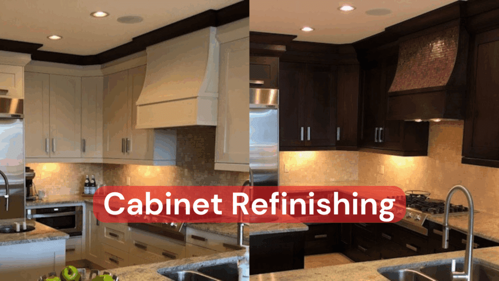 A before and after of cabinet refinishing in a kitchen