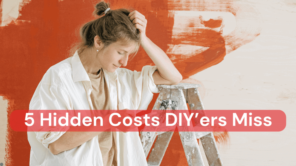 A lady trying to be a house painter but has made a mess of the walls and is now frustrated, leaning on her ladder