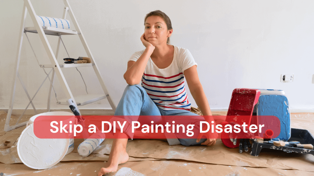 A lady sitting on the floor surrounded by painting supplies, looking regretful.