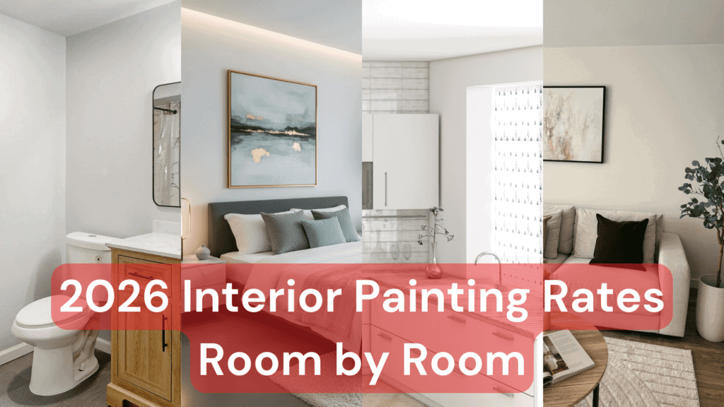 A collage of 4 different rooms with the text, 2026 Interior Painting Rates overtop