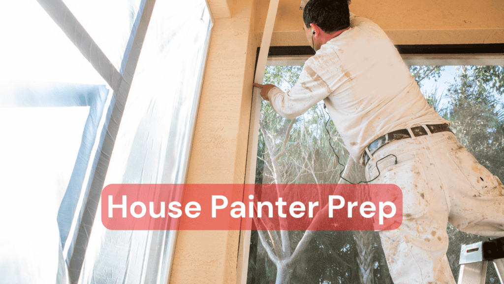 A house painter prepping a window area to paint around