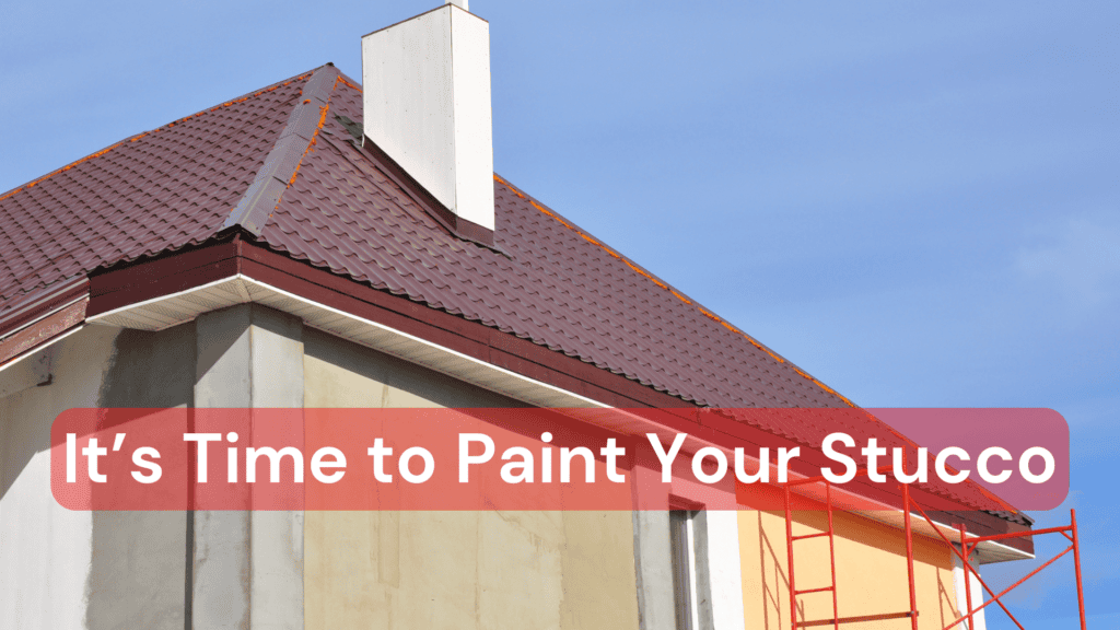 Professional stucco painting on a residential home with a new red roof and clean exterior walls, enhancing curb appeal and home value.