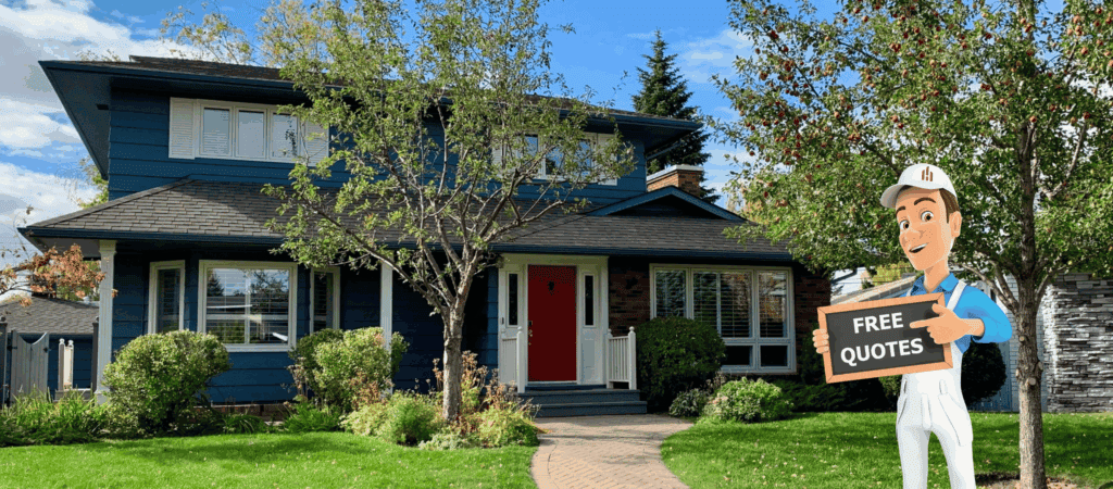 Beautifully painted two-story home with vibrant blue exterior, red door, and well-maintained landscaping showcasing professional residential painting.