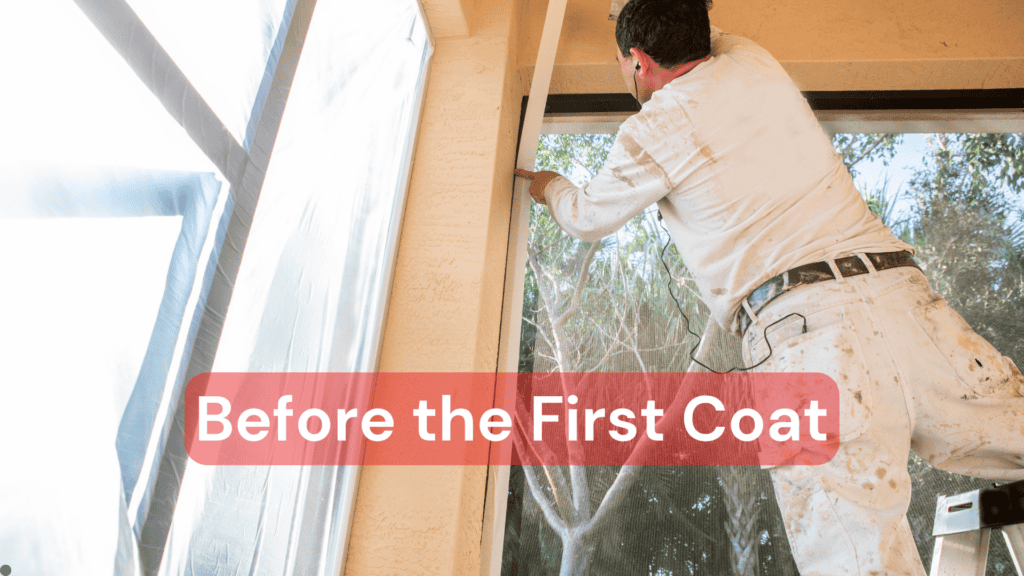 Professional interior painter preparing window frame for coating painting